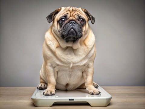 Adorable obese pug sitting on electric scale, showcasing chubby body, emphasizing importance of pet care and healthy diet in combating animal obesity, on light grey background.