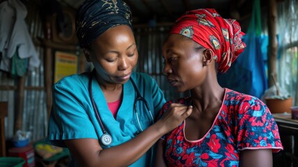 A woman in a blue scrubs is helping another woman with her hair