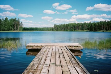 Obraz premium A wooden dock is on the edge of a lake
