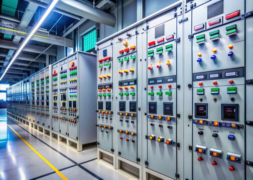 Colorful illustration of low voltage switchgear equipment in a modern power plant, featuring circuit breakers, panels, and wires in a clean and organized layout.