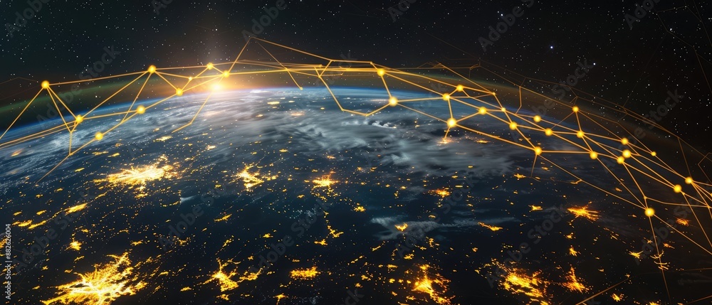 Poster planet of connections, glowing planet illustration with yellow network connecting cities, a represen