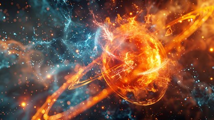 Dynamic illustration of atoms crashing together, emitting sparks and energy waves