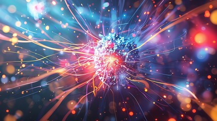 High-speed collision of atoms with a burst of colorful light and particle effects