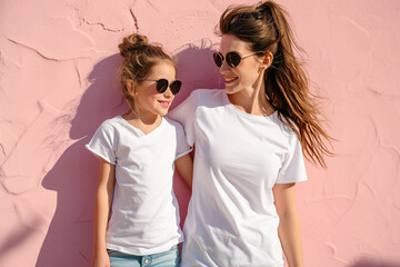 Beautiful young mother and her little daughter in white t-shirts.