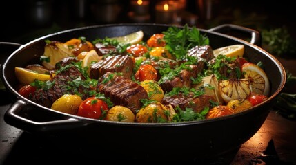 delicious pot roast meat with black and blur background