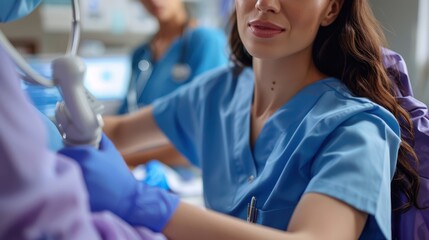 Obraz premium A woman in a blue scrubs is smiling at the camera