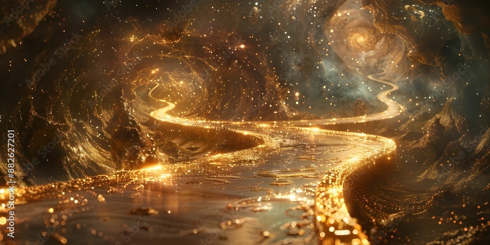 Poster a long, winding tunnel with a river of gold running through it. the tunnel is filled with stars and 