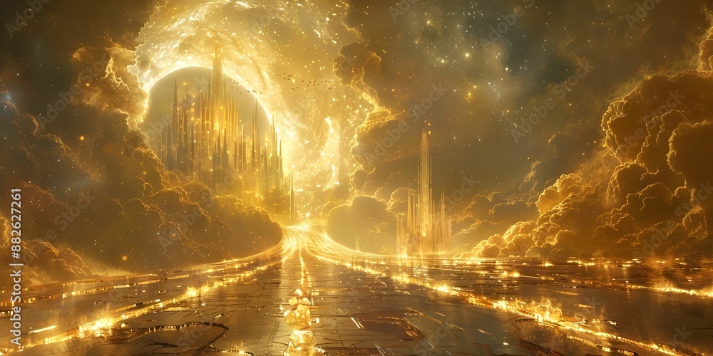 Canvas Prints a long, winding tunnel with a river of gold running through it. the tunnel is filled with stars and 
