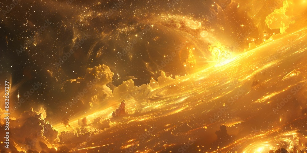 Canvas Prints a long, winding tunnel with a river of gold running through it. the tunnel is filled with stars and 
