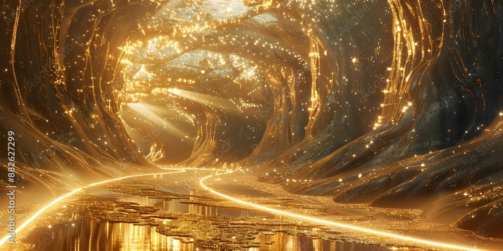 Canvas Prints a long, winding tunnel with a river of gold running through it. the tunnel is filled with stars and 