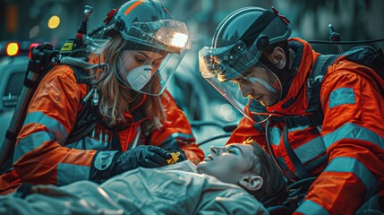 A woman is laying on a bed with two men in orange coats