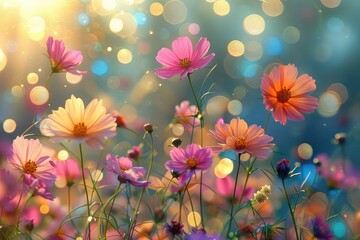 An impressionistic landscape painting of a field of flowers with a soft bokeh effect.