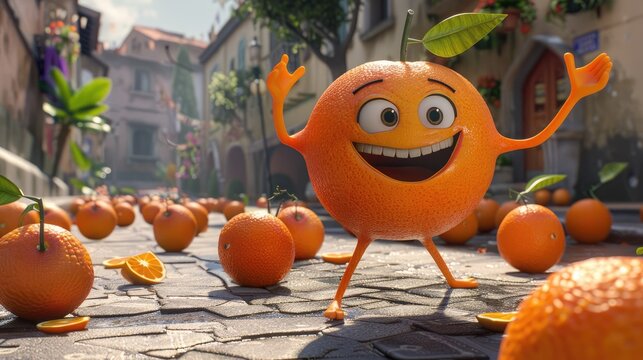 Smiling Orange Character Walks Through a City