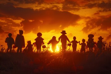 Kids celebrating Halloween at sunset in costumes holding hands in an open field