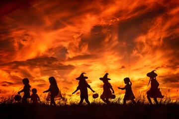 Fototapeta premium Children in Halloween costumes walking at sunset, silhouetted against a dramatic orange sky.