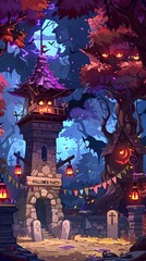 Spooky Halloween party with haunted tower, jack-o-lanterns, tombstones, and eerie decorations