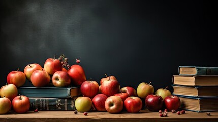 pile of books, stationery and apples on a wooden table with a minimalist background