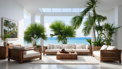 A tropical living area with wooden furniture, white cushions, and lush green plants. The space opens to a stunning ocean view, creating a serene and relaxing atmosphere.