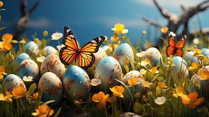 Easter day background with egg ornaments, butterflies and blurred background