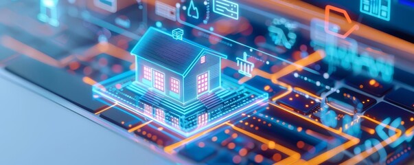 Obraz premium AI virtual health advisor using holographic interface, neon blue, cyberpunk, detailed, home setting