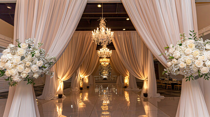 Elegant wedding reception entrance with crystal chandeliers and floral arrangements