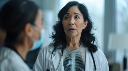 Fototapeta premium A woman in a white lab coat with a black and white shirt with a skeleton on it