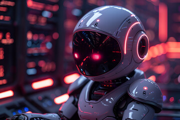 Robot with a glowing head and red eyes stands in front of a blurry background