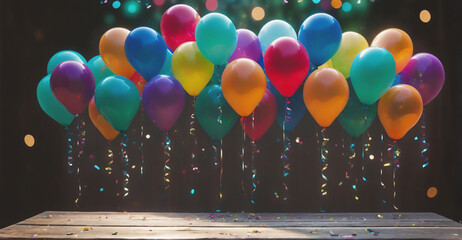 Playful Birthday Party Scene with Bright Balloons and Glimmering Confetti for a Fun and Festive Background Setting
