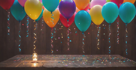 Elegant Birthday Background: Colorful Balloons and Radiant Confetti Creating a Stylish and Joyful Celebration Scene

