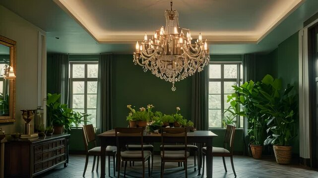 Video animation of elegant dining room with a large chandelier hanging over a rectangular dining table