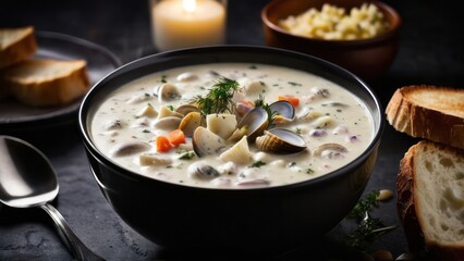 a bowl of soup with clams and bread on the side