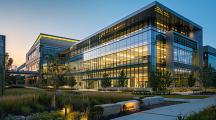 Modern office building exterior with lush landscaping at dusk.