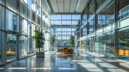 Modern Glass Office Building Lobby Interior.