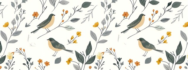 delicate elegant botanical illustration birds floral elements  harmony nature vintage inspired decor textiles