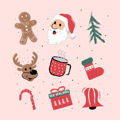 A collection of vector illustrations with a Christmas theme suitable for use as stickers or printed on clothes