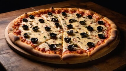 a pizza with olives and cheese on a wooden board