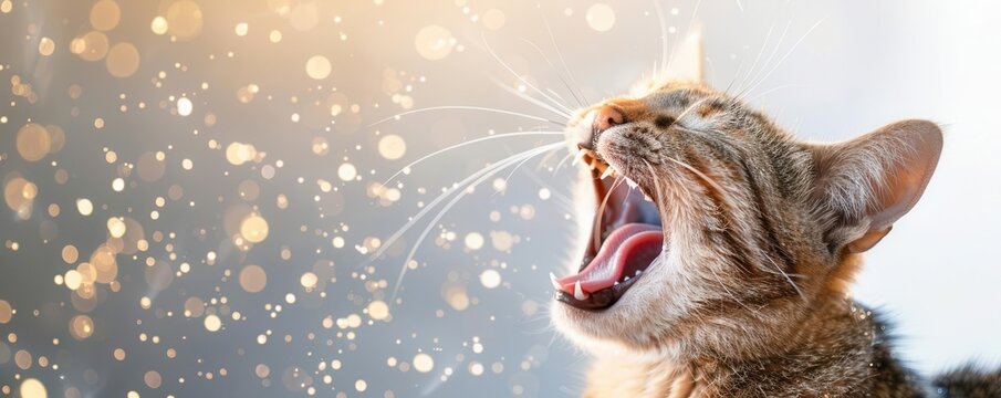A ginger cat with open mouth, furry face and whiskers, facing to the right, with water droplets in the background.