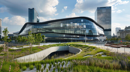 Fototapeta premium Modern Architecture with Green Roof and Lush Landscaping.