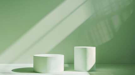 Minimalist Room with a Beautiful Stage in Light Green Colors Modern and Futuristic Background for Product Presentation,product presentation scene Podiums of different geometric shapes on pale light
