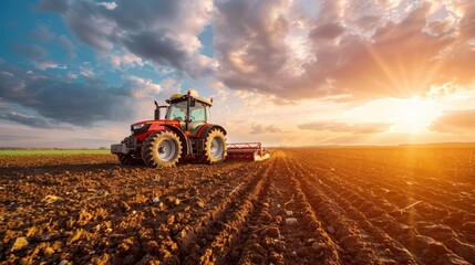 Obraz premium A tractor plowing a field at sunset, preparing the land for planting crops under a vibrant sky.