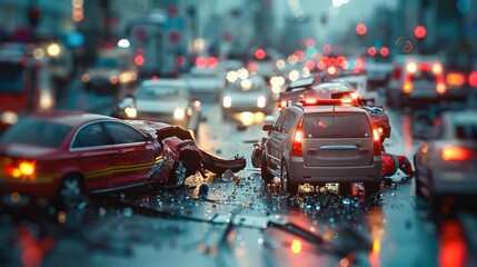 Fototapeta premium A car accident scene with a police car in the middle of the chaos
