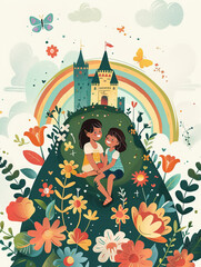 Playful flat Artwork of Two Companions on a Flower-Covered Summit, a Rainbow and Ruins of a Castle in the Distance