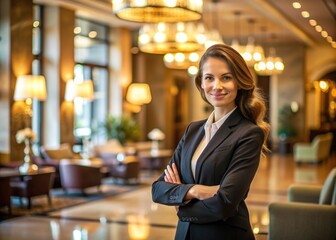 Elegant female staff member poses confidently in a lavish hotel lobby, illuminated by soft natural light, with a warm and inviting atmosphere.