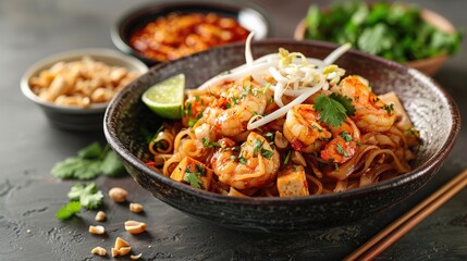 Fototapeta premium Close-up of Pad Thai noodles with shrimp and crispy tofu, tossed in a spicy-sweet tamarind sauce, garnished with bean sprouts and chopped peanuts, served in a traditional Thai bowl with a side of