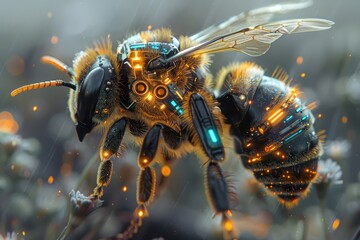A cyberpunk-inspired image of a bee with robotic enhancements.