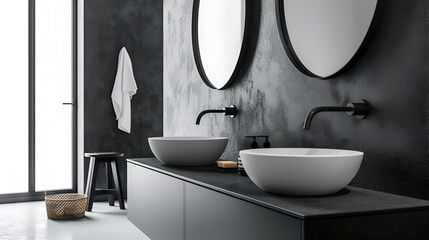 Black sink with an oval mirror in a minimalist bathroom the sink is elegantly designed,
Cream recessed wall shelf shampoo bottle in modern minimal gray concrete wall bathroom

