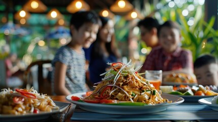 Close-up of a family enjoying a traditional Thai meal at a local restaurant on Koh Samui, with dishes of pad thai and som tam, with a warm and inviting atmosphere in the background, Portrait