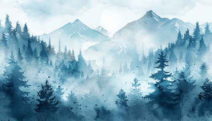 Fototapeta premium Abstract foggy forest landscape with mountains in the background