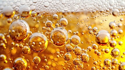 Close-up of beer bubbles in a glass on a white background, showcasing detailed and hyper-realistic macro photography. Concept of International Beer Day, festival, party, HD wallpaper, background