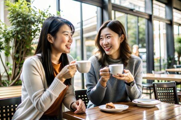 Asian Friends Enjoying Coffee Together at Cafe
